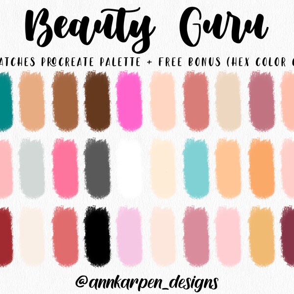 Beauty Guru Procreate Palette, 30 HEX Color Codes, Instant Digital Download, iPad Pro Art Illustration, Pastel Color Swatches, Anime Girl