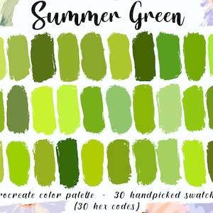 Summer Green Procreate Palette, 30 HEX Color Codes, Instant Digital Download, iPad Pro Art Tropical Illustration, Bright Warm Color Swatches