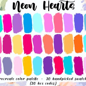 Coeurs néon - Palette Procreate, 30 codes de couleur HEX, téléchargement numérique instantané, illustration d'art bande dessinée iPad Pro, échantillons lumineux vifs