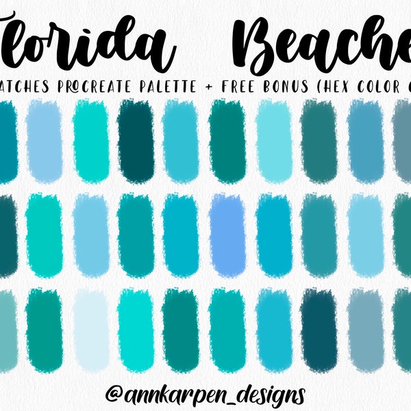 Florida Beaches Procreate Palette, 30 HEX Color Codes, Instant Digital Download, iPad Pro Art Illustration, Aqua Blue Water Color Swatches