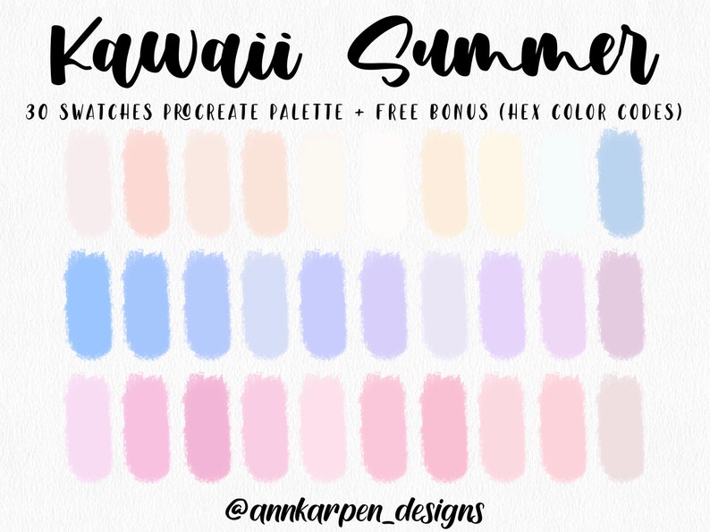 Kawaii Summer Procreate Palette, 30 HEX Color Codes, Instant Digital