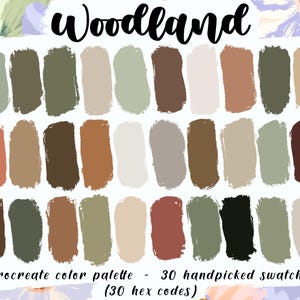Woodland - Procreate Palette 30 HEX Handpicked Colors, Instant Digital Download iPad Pro App Art Illustration, Assorted Green Brown Swatches