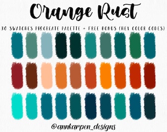 Orange Rust Procreate Palette, 30 HEX Color Codes, Instant Digital Download, iPad Pro Art Illustration, Deep Teal Orange Color Swatches