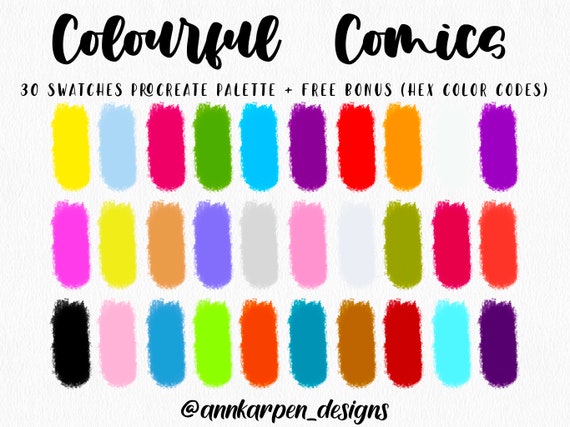 Colourful Comics Procreate Palette 30 HEX Color Codes Instant Digital Download iPad Pro Art Neon Illustration Bright Color Swatches