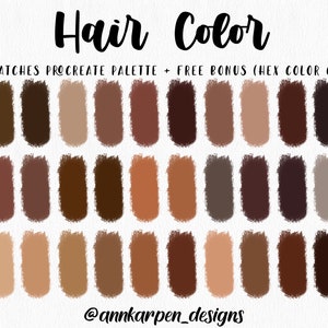Hair Color Procreate Palette, 30 HEX Color Codes, Instant Digital Download, iPad Pro Art Beauty Illustration, Assorted Brown Color Swatches