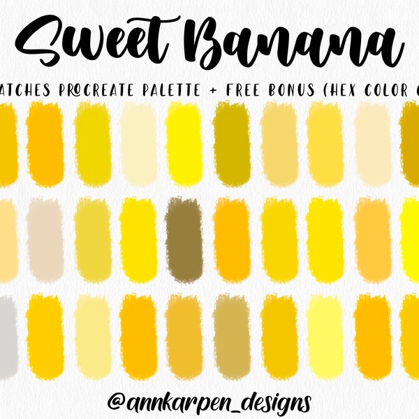 Sweet Banana Procreate Palette, 30 HEX Color Codes, Instant Digital Download, iPad Pro Art Illustration, Bright Sunny Yellow Color Swatches