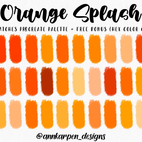 Orange Splash Procreate Palette, 30 HEX Color Codes, Instant Digital Download, iPad Pro Food Art Illustration, Bright Orange Color Swatches