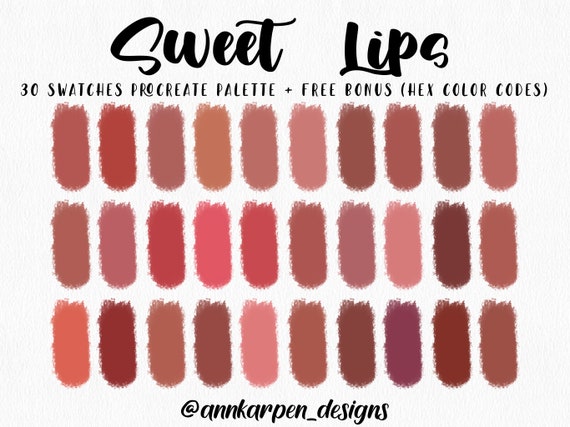 Sweet Lips Procreate Palette 30 HEX Color Codes Instant Digital Download iPad Pro Art Beauty Illustration Warm Lipstick Color Swatches