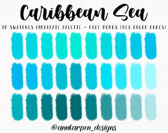 Caribbean Sea Procreate Palette, 30 HEX Color Codes, Instant Digital Download, iPad Pro Art Illustration, Aqua Water Beach Color Swatches