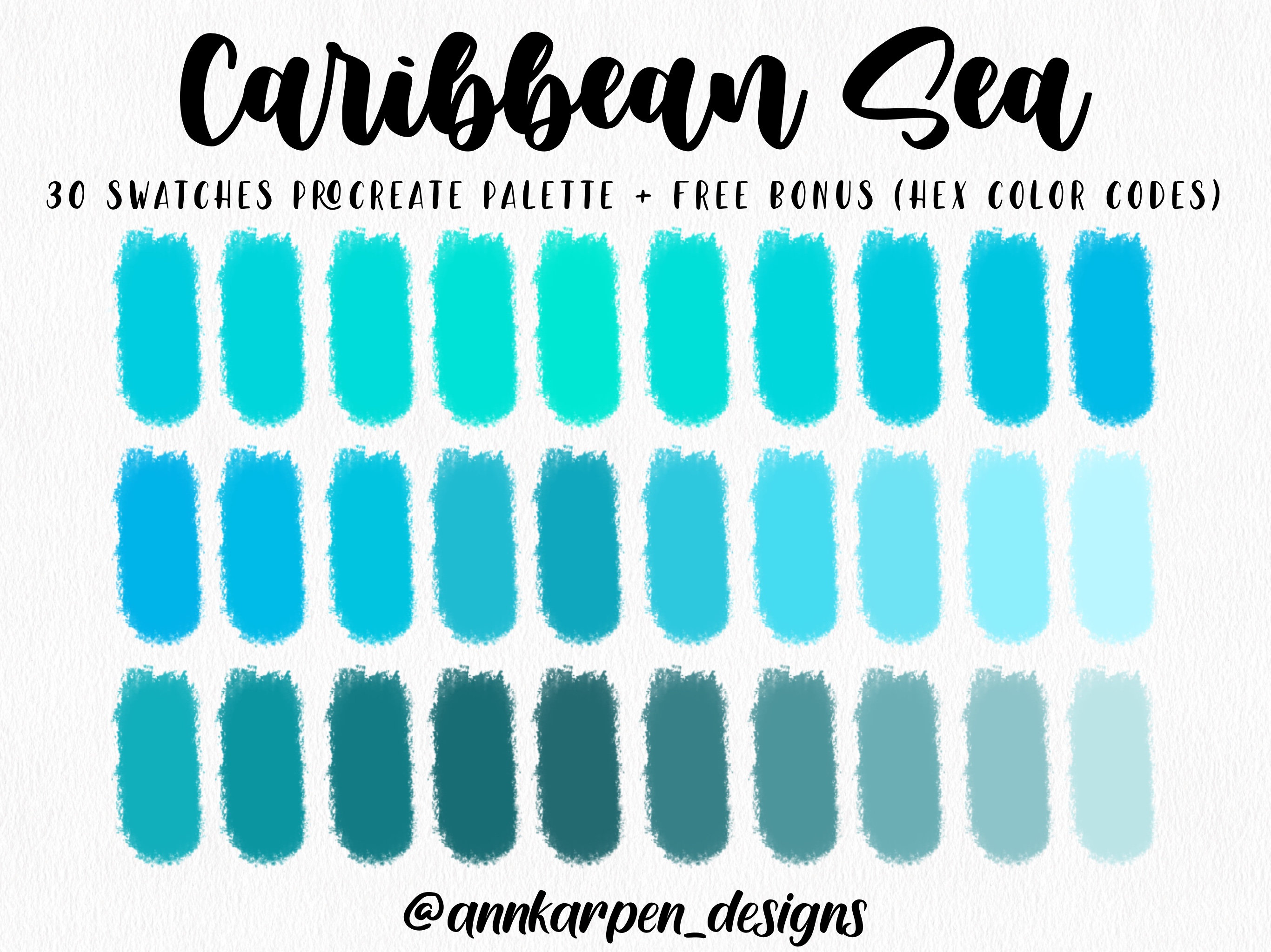 Caribbean Sea Procreate Palette, 30 HEX Color Codes, Instant Digital