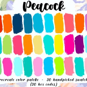 Peacock - paleta Procreate, 30 kodów kolorów HEX, różne jasne neonowe próbki, ilustracja anime, paleta na iPada, cyfrowy planer