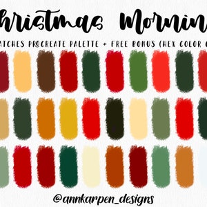 Paleta de Procreate para la mañana de Navidad, 30 códigos hexadecimales, herramientas de rotulación, notas útiles, colores para hacer tarjetas, ilustración de vacaciones de invierno para iPad Pro