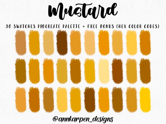 Mustard Procreate Palette, 30 HEX Color Codes, Instant Digital Download,  iPad Pro Art Illustration, Ochre Yellow Color Swatches, Warm Tones