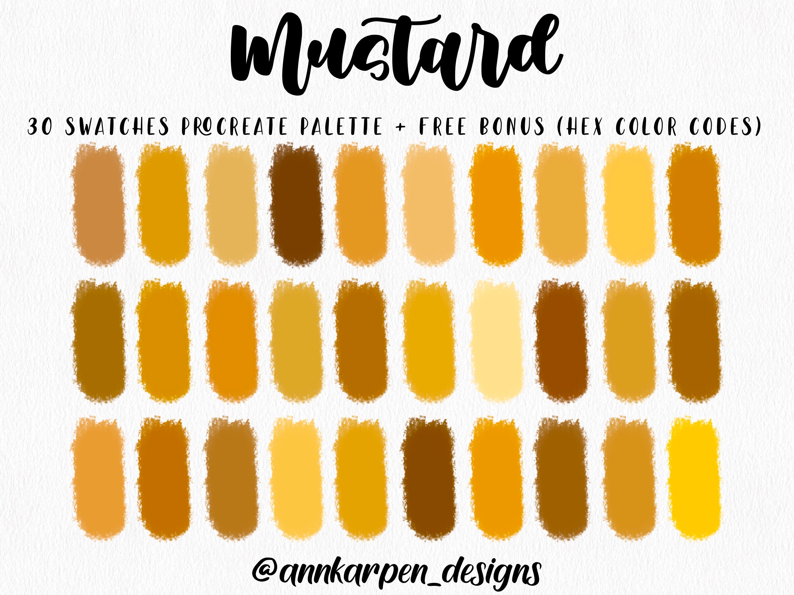 Mustard Procreate Palette, 30 HEX Color Codes, Instant Digital Download