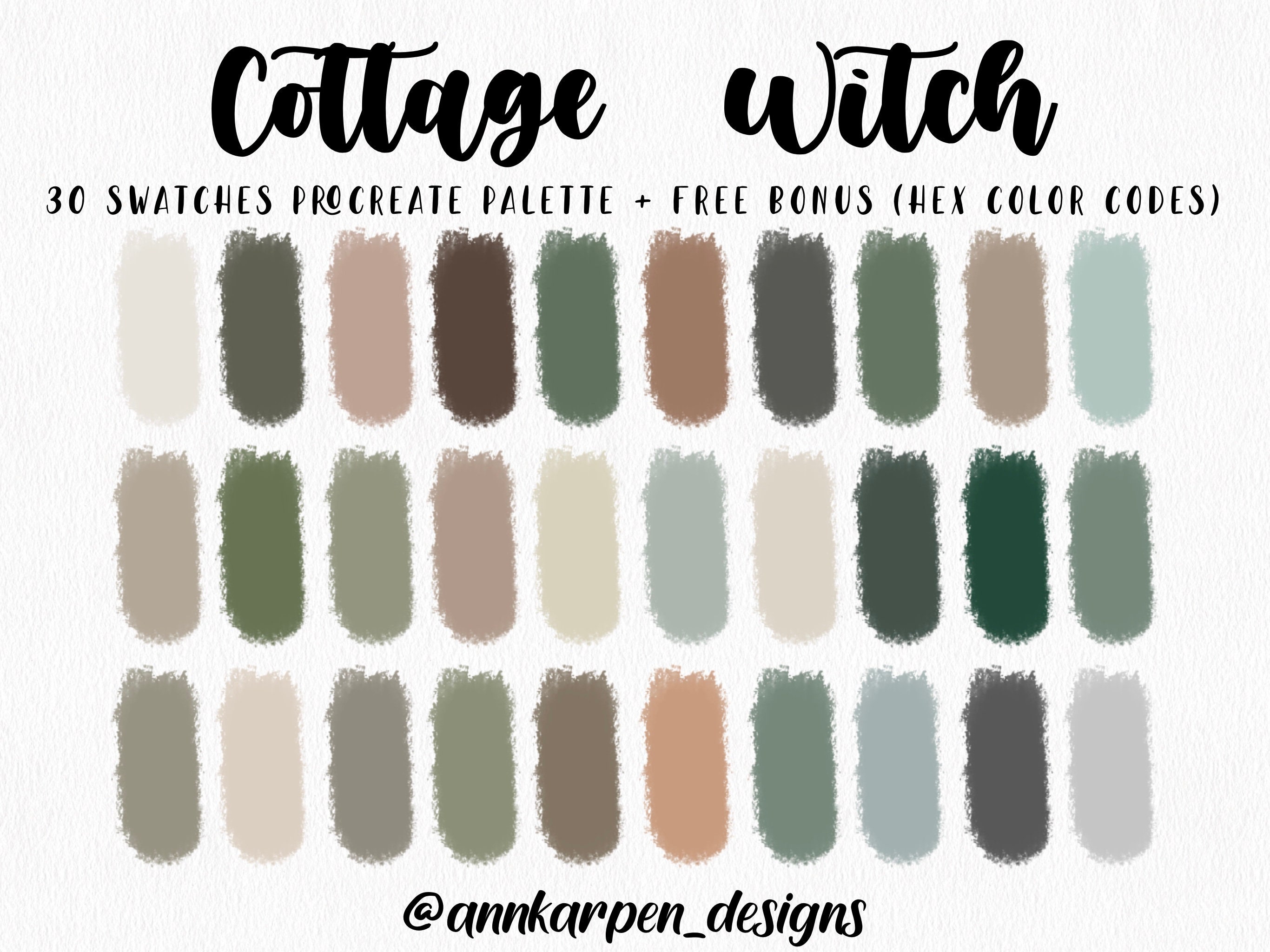 Cottage Witch Procreate Palette, 30 HEX Color Codes, Instant Digital Download, iPad Pro Art Illustration, Woody Earthy Pastel Color Swatches