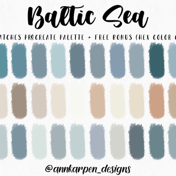 Baltic Sea Procreate Palette, 30 HEX Color Codes, Instant Digital Download, iPad Pro Art Illustration, Soft Pastel Boho Beach Color Swatches