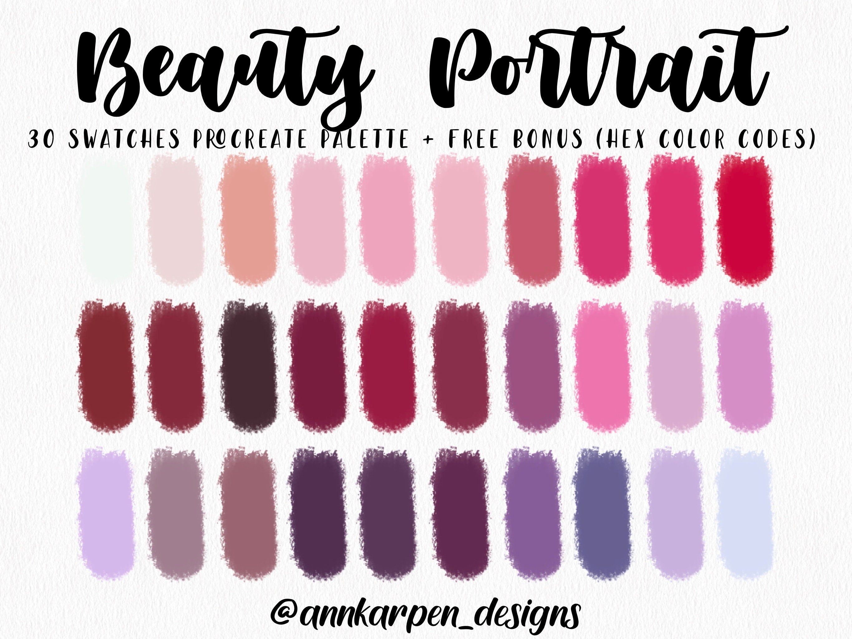 Beauty Portrait Procreate Palette, 30 HEX Color Codes, Instant Digital