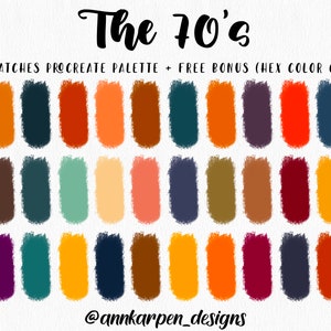 The 70&#39;s Retro Procreate Palette, 30 HEX Color Codes, Instant Digital Download, iPad Pro Art Illustration, Vintage Retro Color Swatches