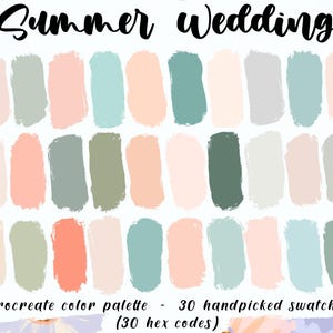 Boda de verano: paleta de Procreate, 30 códigos HEX, notas útiles, agenda digital bohemia suave, app para iPad Pro, muestras de colores pastel, baby shower