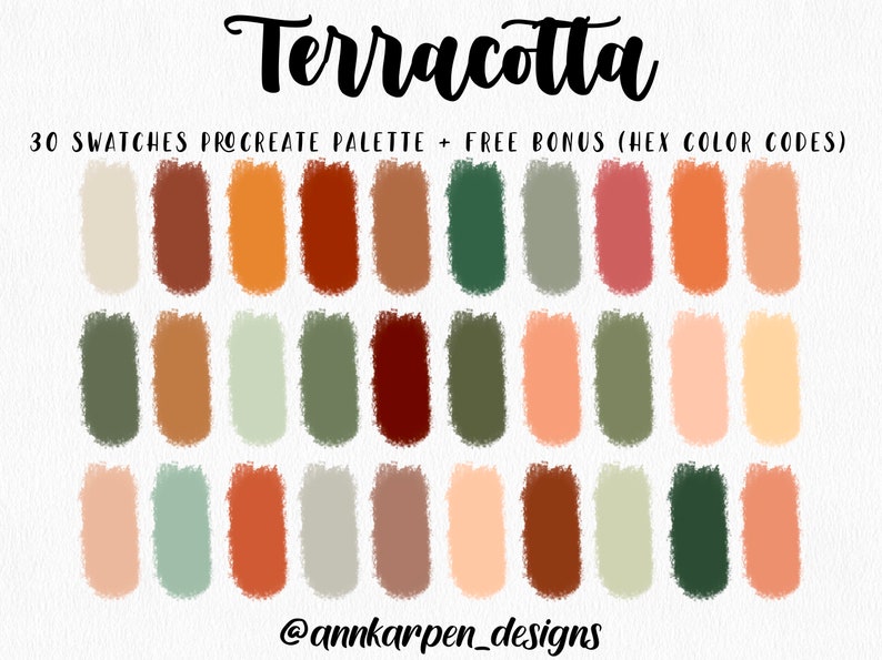 Terracotta procreate palette assorted warm boho orange green color swatches with hex codes by AnnKarpenDesigns on Etsy.