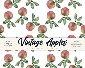 Vintage Apples - Seamless Pattern, Original Watercolor Digital Paper, Harvest Season Gift Wrapping Paper, Food Art, Commercial License