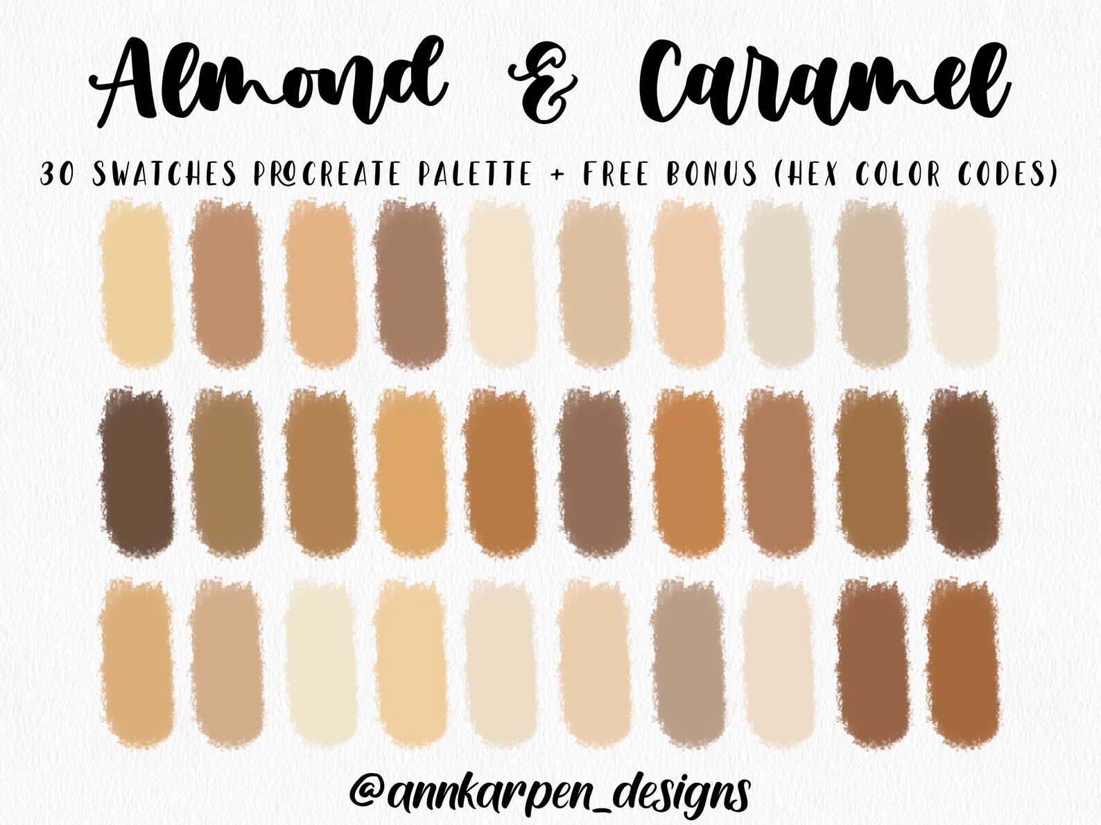 Almond Caramel Procreate Palette, 30 HEX Color Codes, Instant Digital