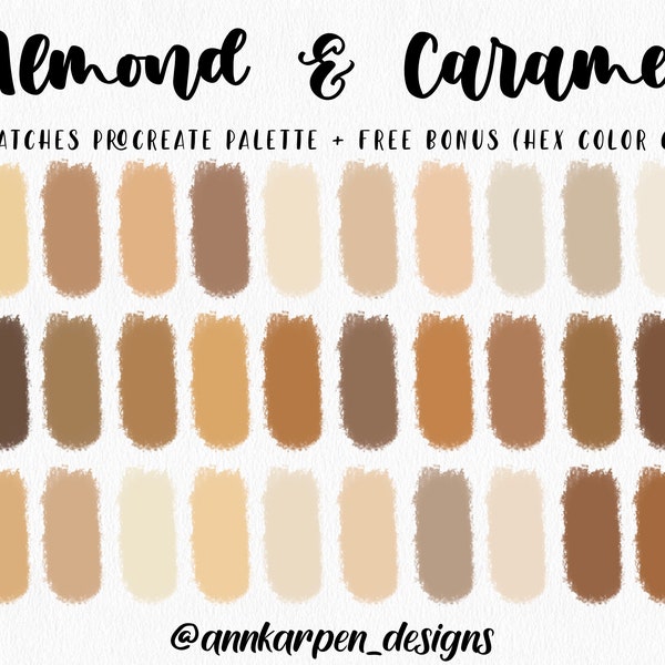 Almond + Caramel Procreate Palette, 30 HEX Color Codes, Instant Digital Download, iPad Pro, Beige Illustration, Pastel Brown Color Swatches