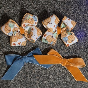 Peut inclure: Deux nœuds pour cheveux avec un motif de citrouilles orange et bleues et de feuilles d'automne sur fond blanc, accompagnés de deux nœuds en velours uni bleu sourd et jaune moutarde, chacun doté de longs rubans pointus et d'un nœud central.