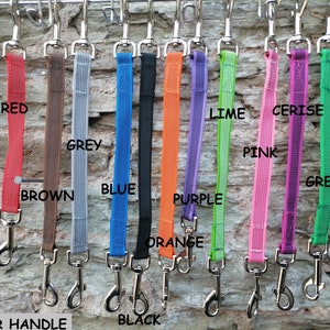 Op de afbeelding: Een assortiment hondenriemen met rubberen handvatten en metalen clips in verschillende kleuren, waaronder rood, grijs, blauw, oranje, paars, limoen, roze, kers en groen. De riemen hangen aan haken tegen een stenen muur.