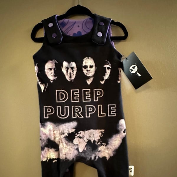 3-12m Deep Purple Grow With Me Baby Romper Upcycled Band Merch Size Adjustable Heavy Metal Hard Rock Purple Skulls 70s Music Alt Kids