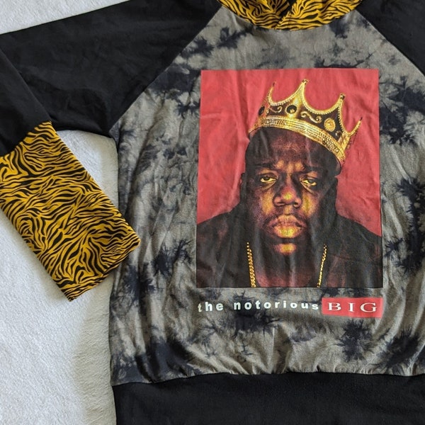 9-12yr Notorious BIG Grow With Me Preteen Hoodie Upcycled Band Merch Size Adjustable Biggie Smalls Rapper Rap Music 90s Tiger Stripe Tie Dye
