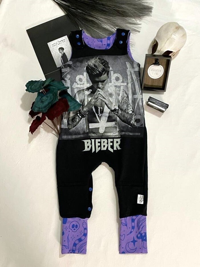 1-3yr Justin Beiber Grow With Me Toddler Romper Upcycled Size Adjustable Band Merch Purpose Tour Shirt Purple Skull Snake Beib Fever