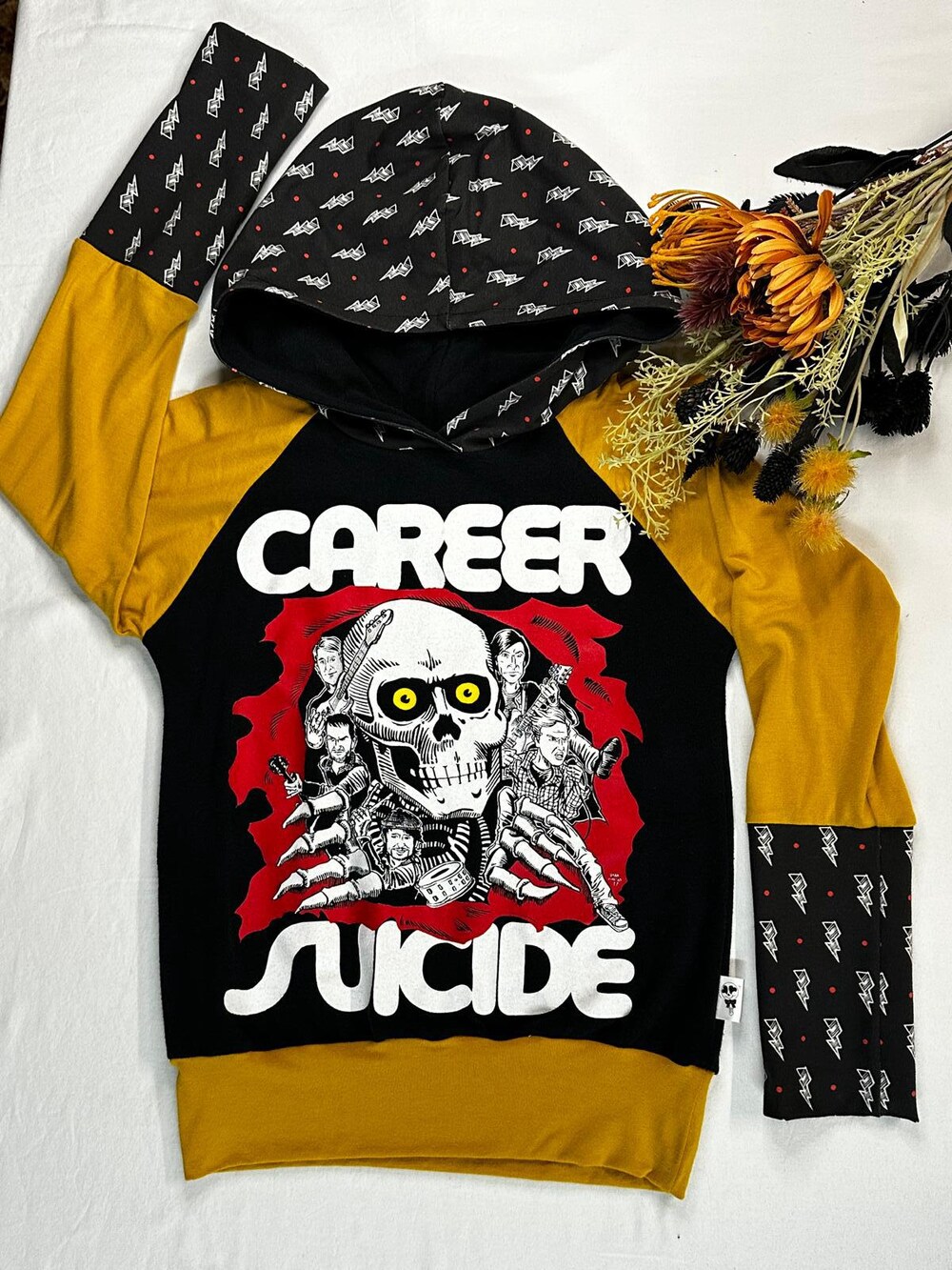 6-9 Yr Career Suicide Grow With Me Hoodie Upcycled Band Merch Size Adjustable Skeleton Lightning Bolts Black Yellow Alternative Punk Rock Printhoodies