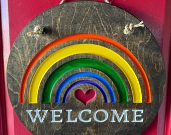 Rainbow Welcome Door Hanger: Hand-Painted Wood Decor, LGBTQIA+ Pride