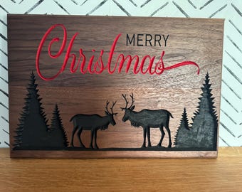 Walnut Christmas Sign, Reindeer Holiday Decor (12” x 18")
