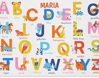 Personalized Placemat for Kids, Animals Alphabet Custom Name ABC Place mat, Non-Slip Easy to Clean, Washable Large 12 x 18" Mealtime Mat