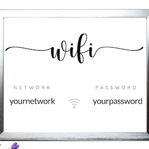 May include: A framed white sign with the word "wifi" in elegant black script. Below, it displays "NETWORK" and "PASSWORD" with placeholders for network and password details. A sprig of purple flowers is in the lower left corner.