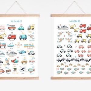 Póster de lienzo con alfabeto de vehículos, impresión de transporte ABC, ilustración educativa, imagen de coche, camión, tren y barco, arte de pared para niños pequeños y guarderías