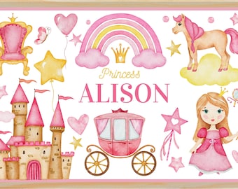 Personalized Princess Dry Erase Alphabet Placemat Double Sided, Custom Name Tracing ABC Large Easy to Clean Mat For Toddler, Kids, Girls