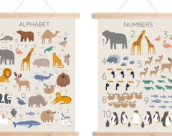 Alphabet and Numbers Canvas Wall Art, Animal ABC Poster for Toddlers, Educational Print, Nursery Wall Art for Boy Girl Bedroom Neutral
