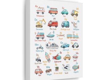 Alphabet Vehicle Nursery Canvas Art ABC Educational Kids Art For Bedroom Nursery, Classroom, Playroom Fire truck, Train, Police