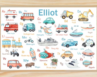 Cars and Trucks Vehicle Alphabet Personalized Placemat for Kids, Large Activity Table Mat Laminated Educational Mealtime for Children Custom