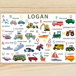 May include: A colorful alphabet chart with illustrations of vehicles and objects for each letter. The chart features the name "LOGAN" in large, colorful letters.