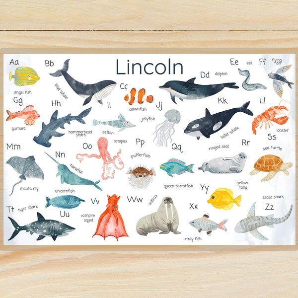 Sea Animals Alphabet Personalized Placemat for Kids, Large Activity Table Mat Laminated Educational Mealtime for Children Custom