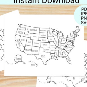 Mapa dos Estados Unidos, colorir e aprender, colorir para impressão EUA EUA Download digital instantâneo SVG Pdf Jpeg Png arquivos para elaboração