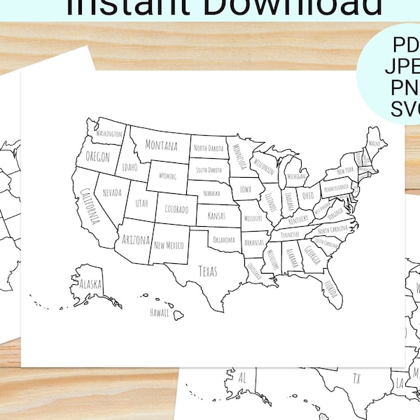 United States Map, Color And Learn, Coloring Printable USA US Instant Digital Download SVG Pdf Jpeg Png Files for Crafting