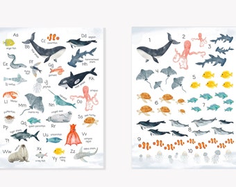 Alphabet and Numbers Canvas Wall Art Set, Sea Animals Alphabet for Toddlers, Educational Print, Gift Nursery Wall Art for Boy Girl Bedroom