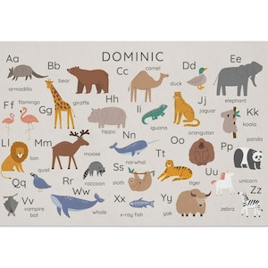 Personalized Placemat for Kids, Animals Alphabet Custom Name ABC Place mat, Non-Slip Easy to Clean, Washable Large 12 x 18&quot; Mealtime Mat