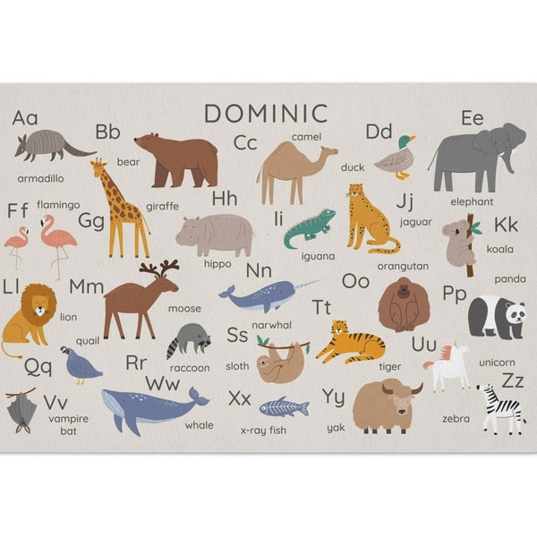 Personalized Placemat for Kids, Animals Alphabet Custom Name ABC Place mat, Non-Slip Easy to Clean, Washable Large 12 x 18" Mealtime Mat