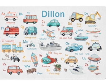 Personalized Placemats for Kids, Vehicles Alphabet Transportation, Watercolor Cars and Trucks ABC, Large 12 x 18" Easy to Clean Washable Mat